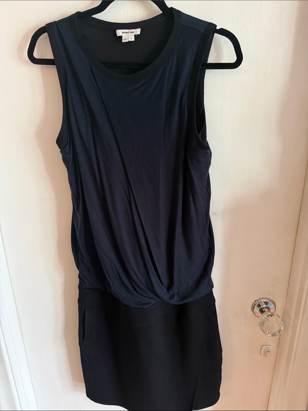Helmut Lang Navy and Black Sleeveless Draped Mini Dress